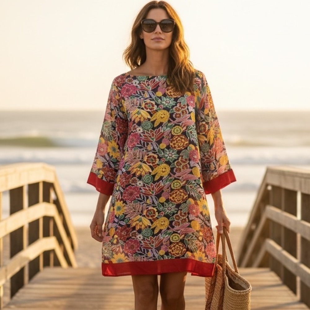 Talbots Floral Tunic Cover Up Dress L Sheer Resort Cruise Vacation Beach